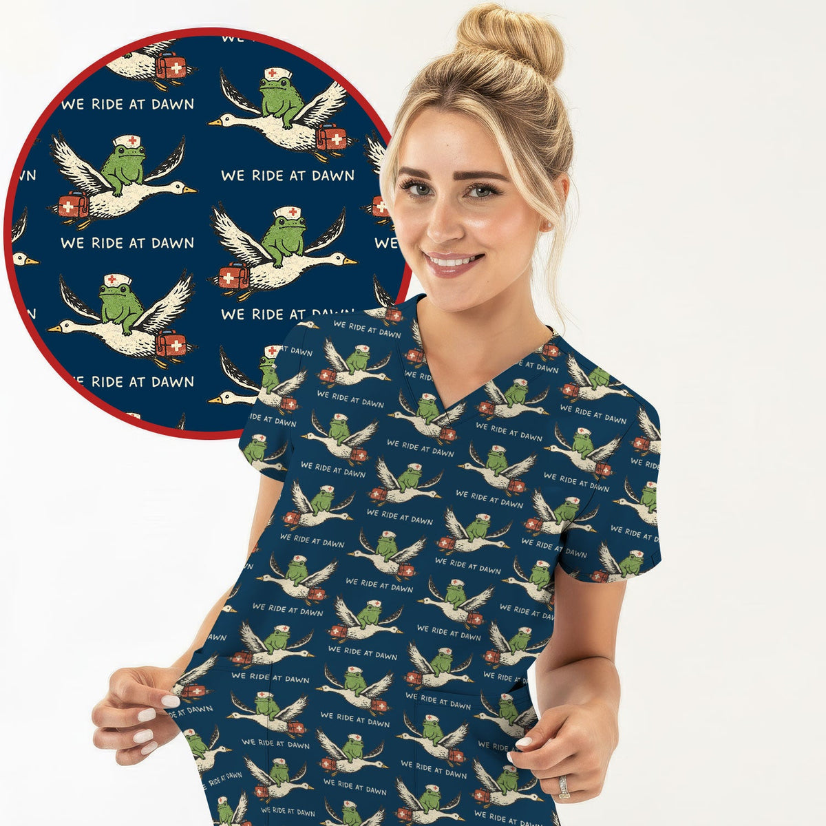 Frog Riding Goose Nurse Scrub Top
