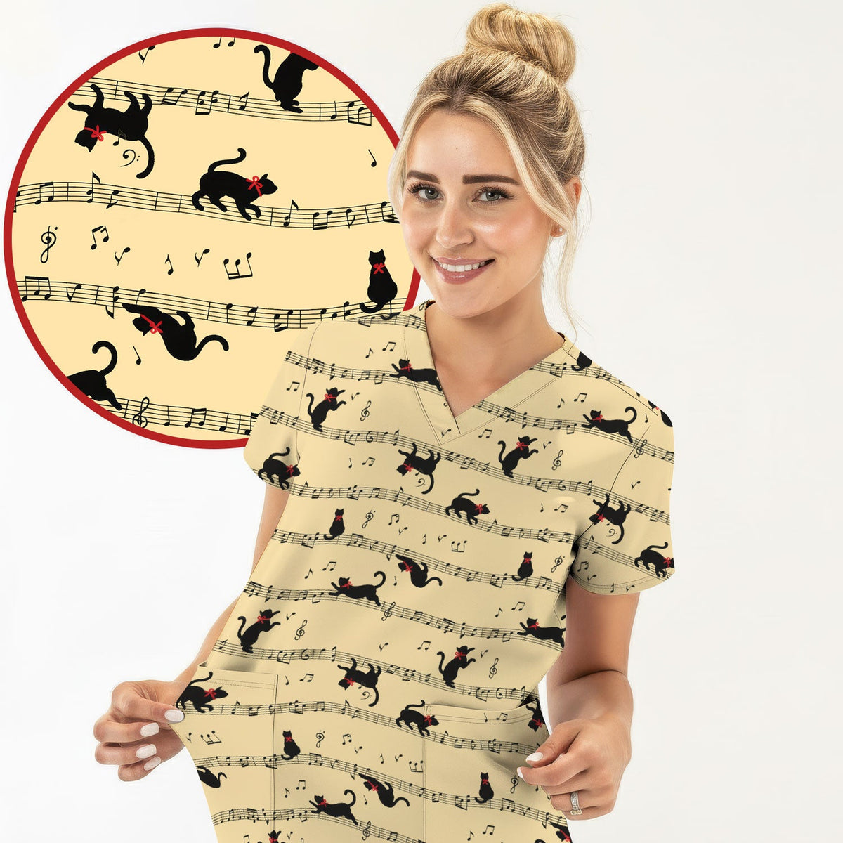 Dancing Black Cat Music Nurse Scrub Top
