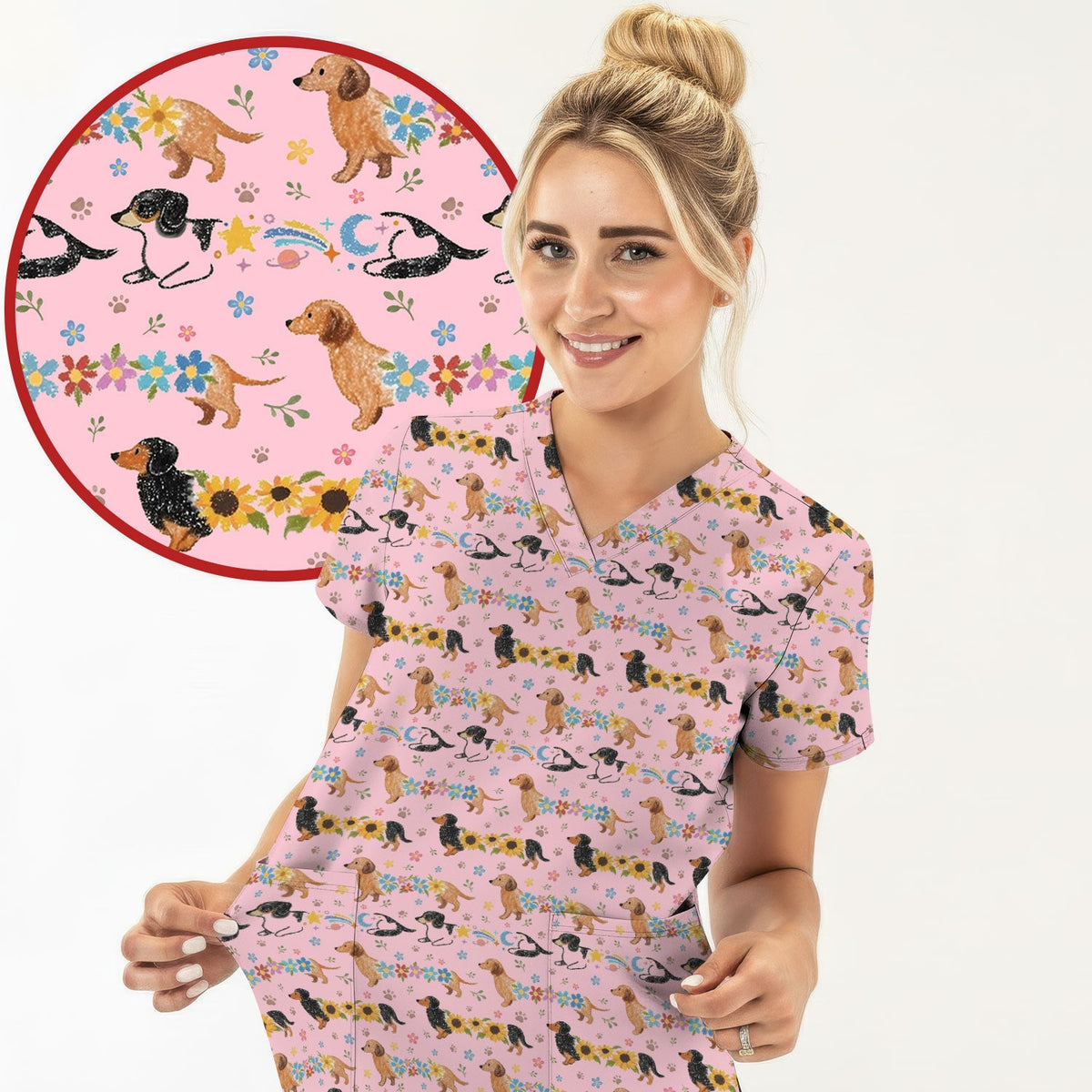 Floral Wiener Dog Nurse Scrub Top