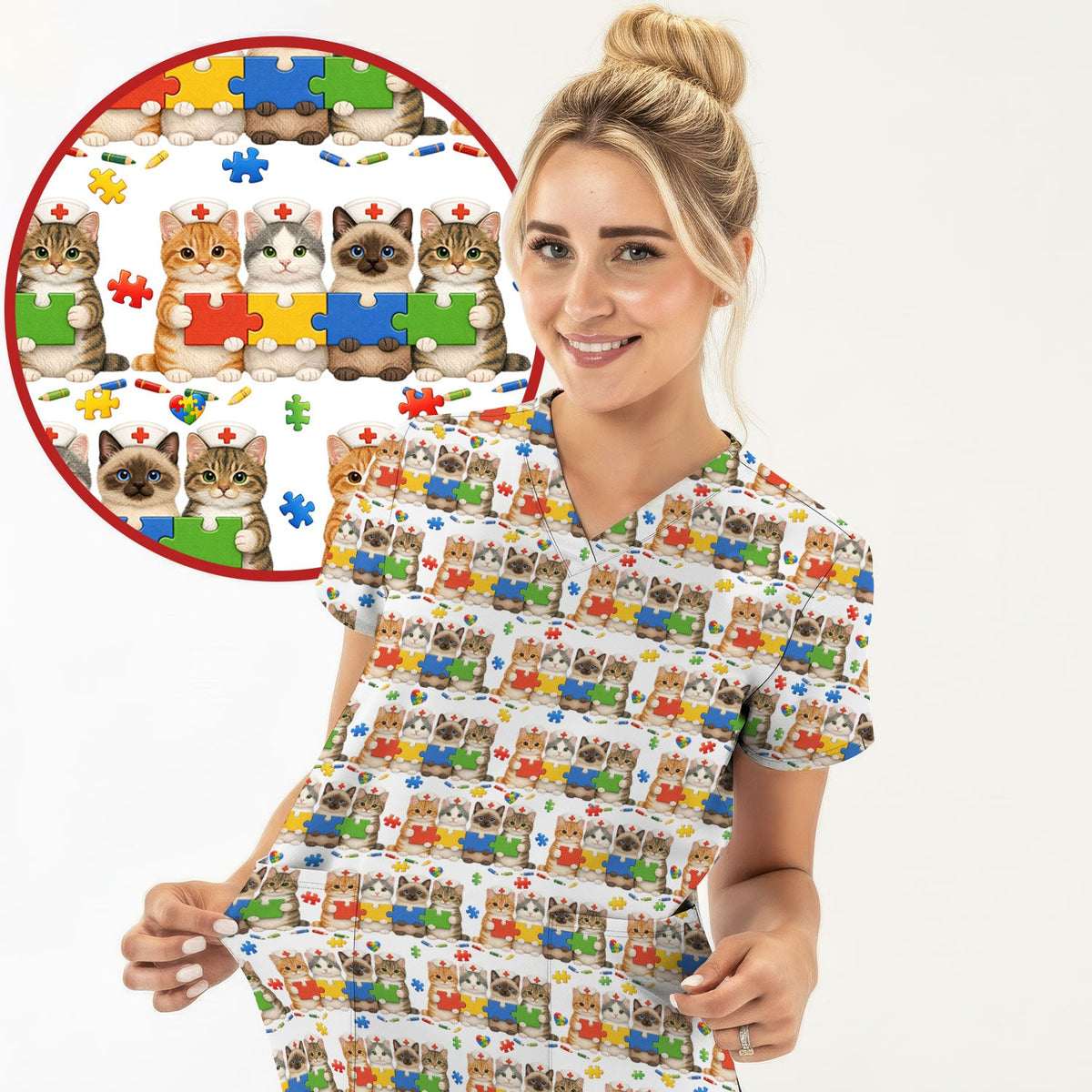 Autism Awareness Cat Nurse Scrub Top