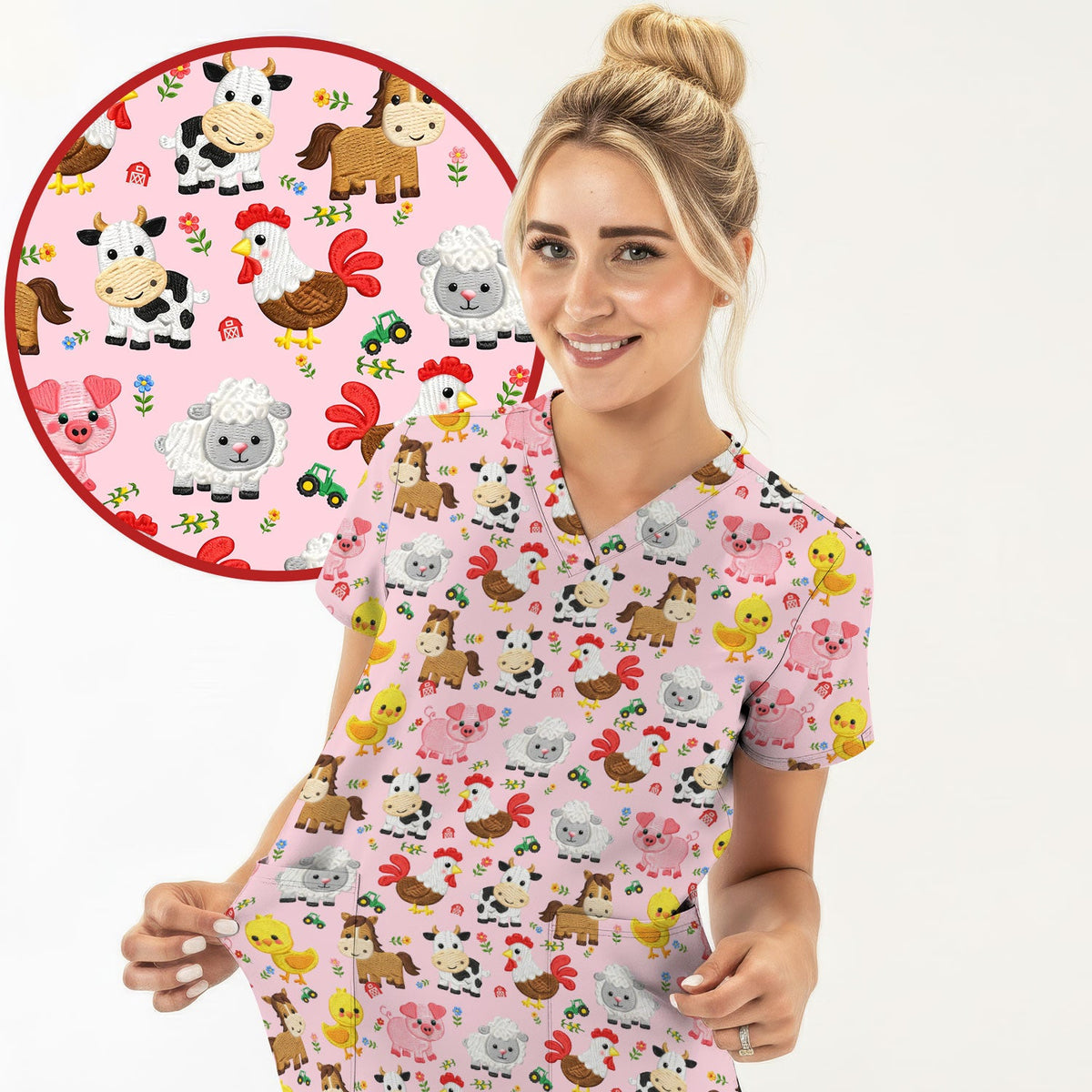 Cartoon Farm Animal Nurse Scrub Top