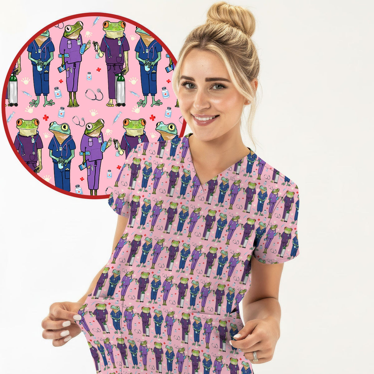 Frog Print Nurse Scrub Top
