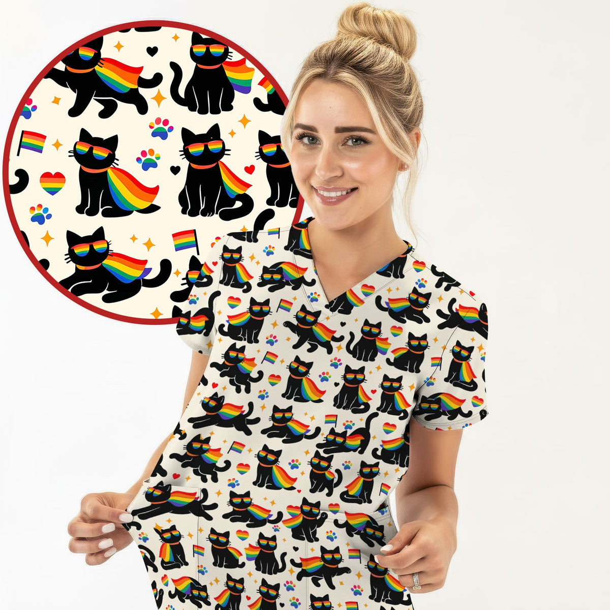 Rainbow Black Cat Pride Nurse Scrub Top