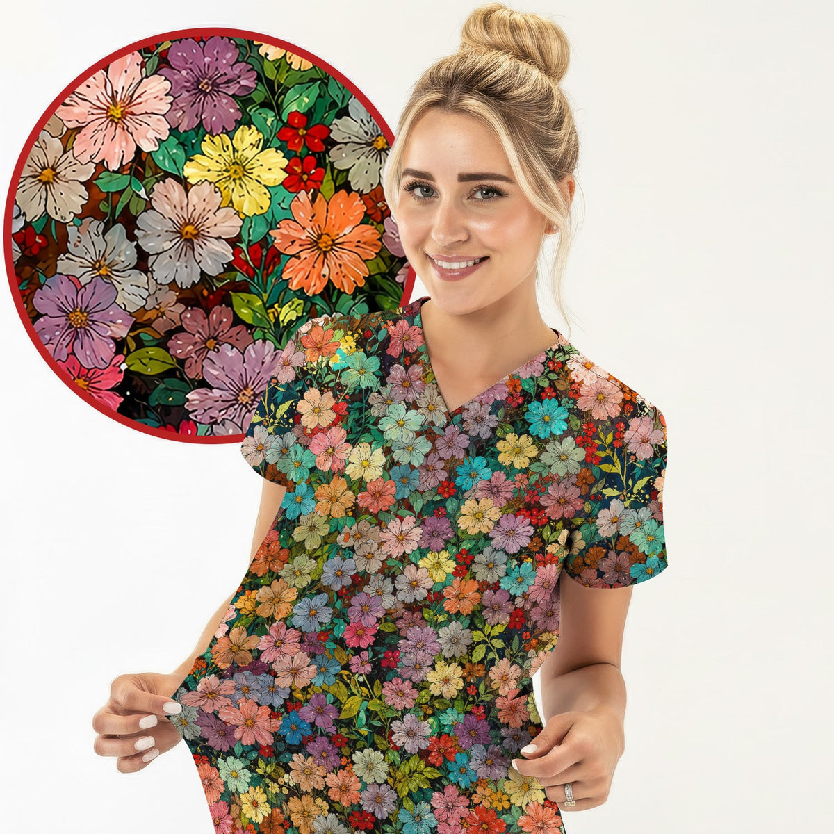 Colorful Wildflower Garden Bloom Pattern Nurse Scrub Top
