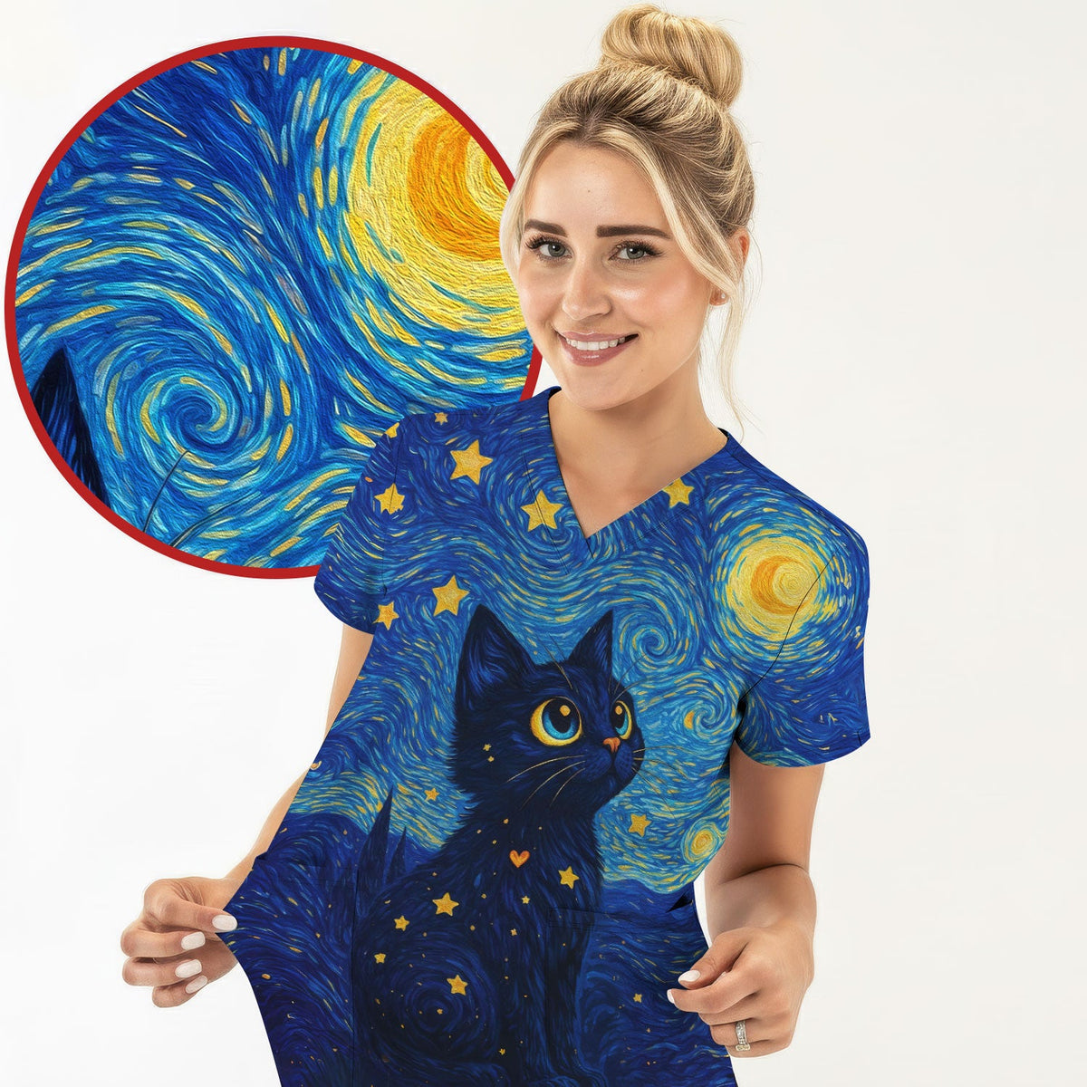Black Cat Starry Night Nurse Scrub Top