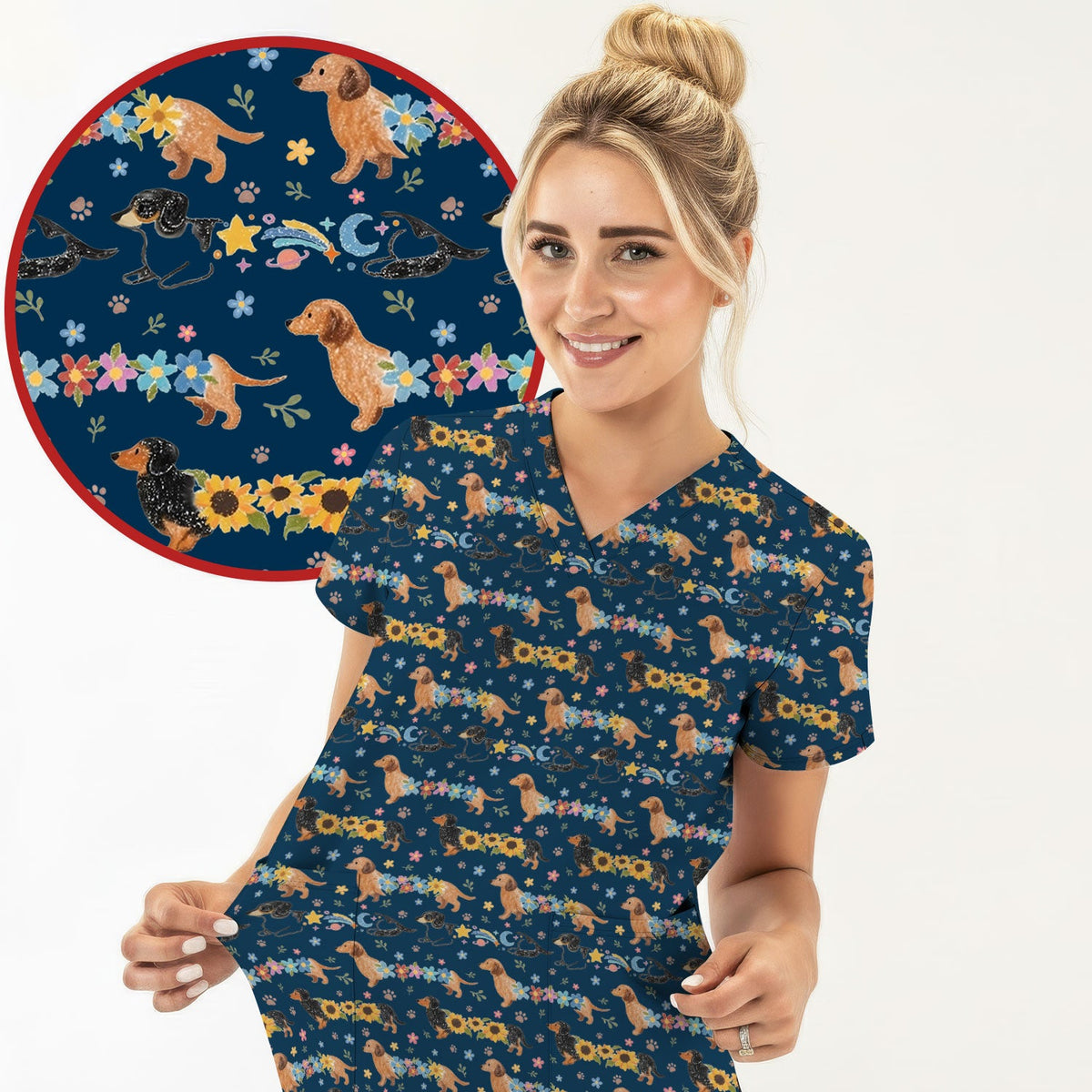 Floral Wiener Dog Nurse Scrub Top