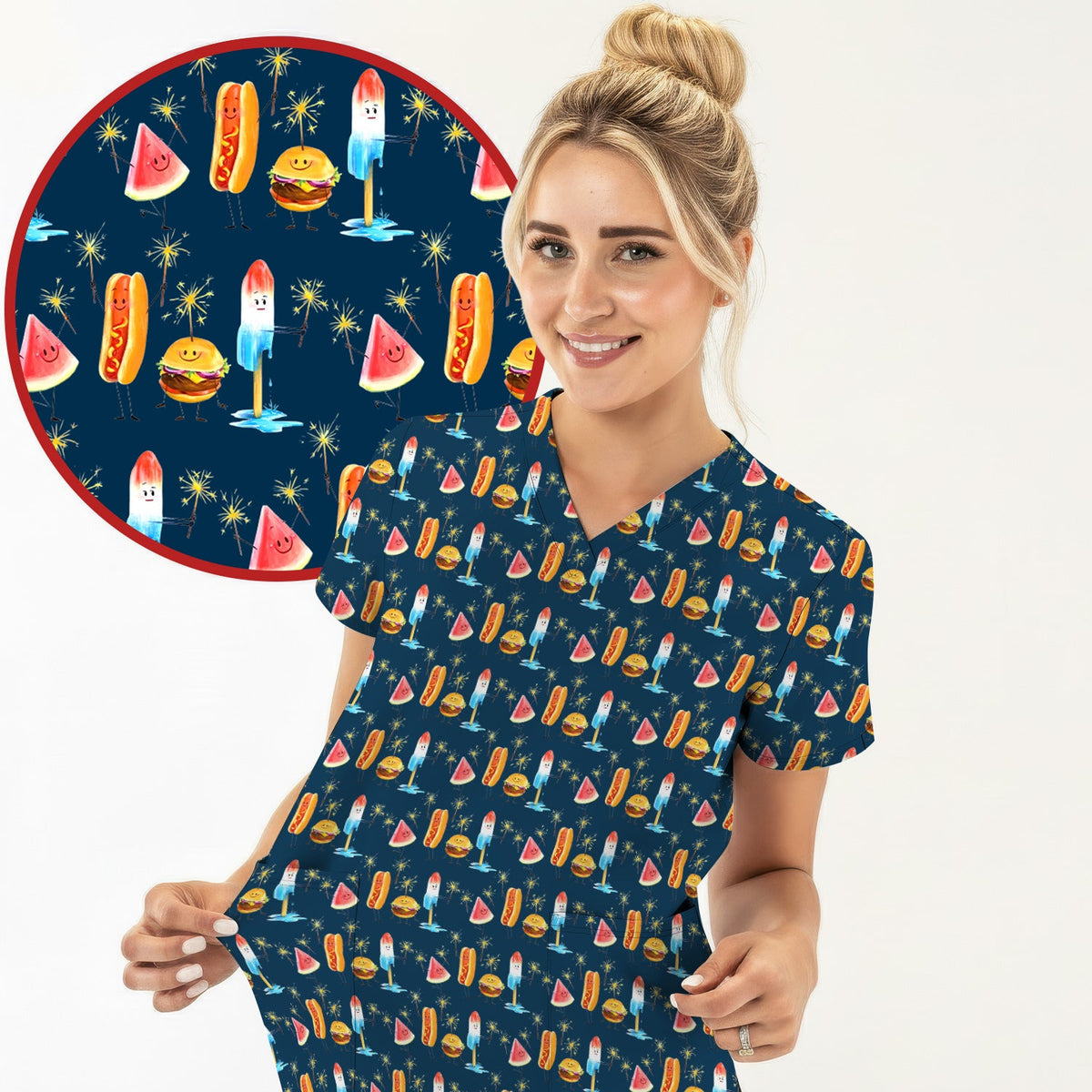 Summer Food Icons Nurse Scrub Top