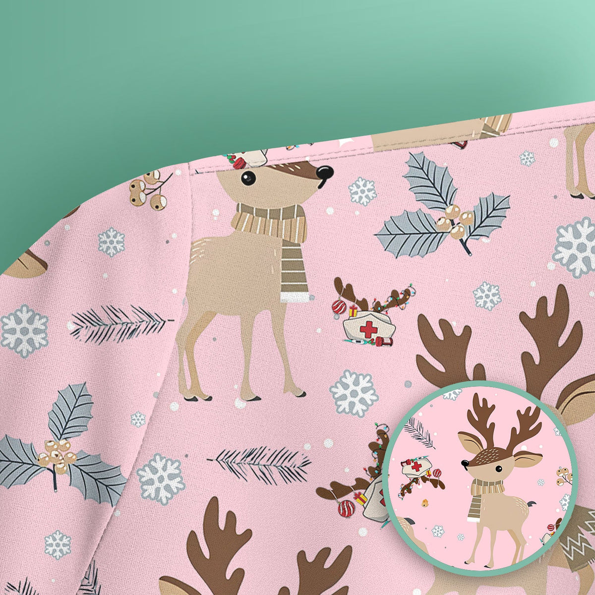 Reindeer Christmas Scrub Top - Cozy Beige Holiday Nurse Shirt with Cute Deer Pattern - Festive Medical Scrubs for Women RN CNA LPN