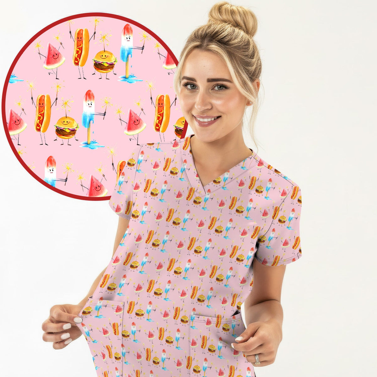 Summer Food Icons Nurse Scrub Top