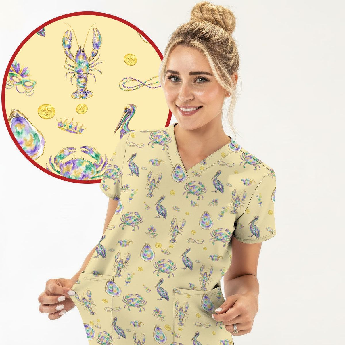 Mardi Gras Seafood Nurse Scrub Top