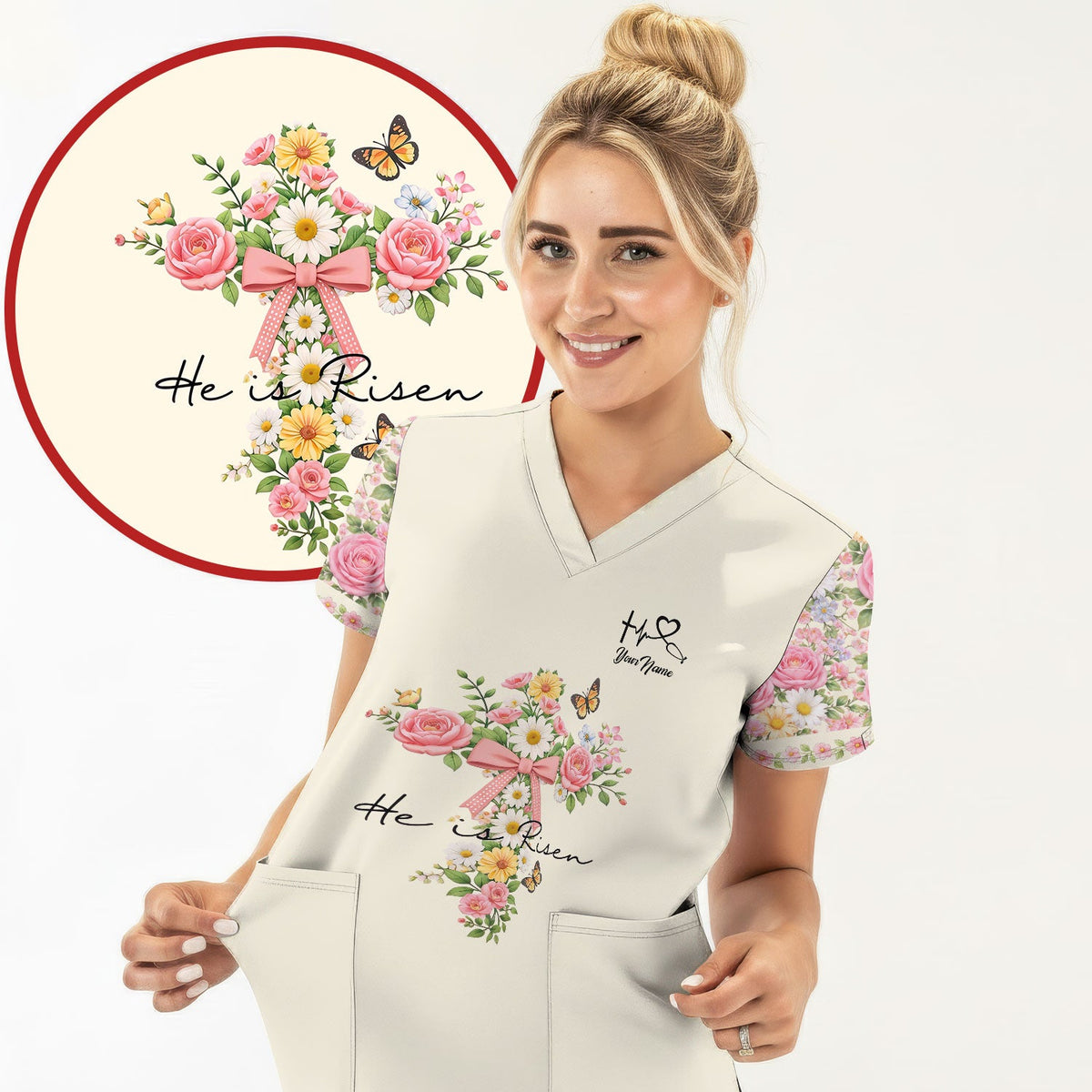 Personalized Easter Nurse He Is Risen Scrub Top
