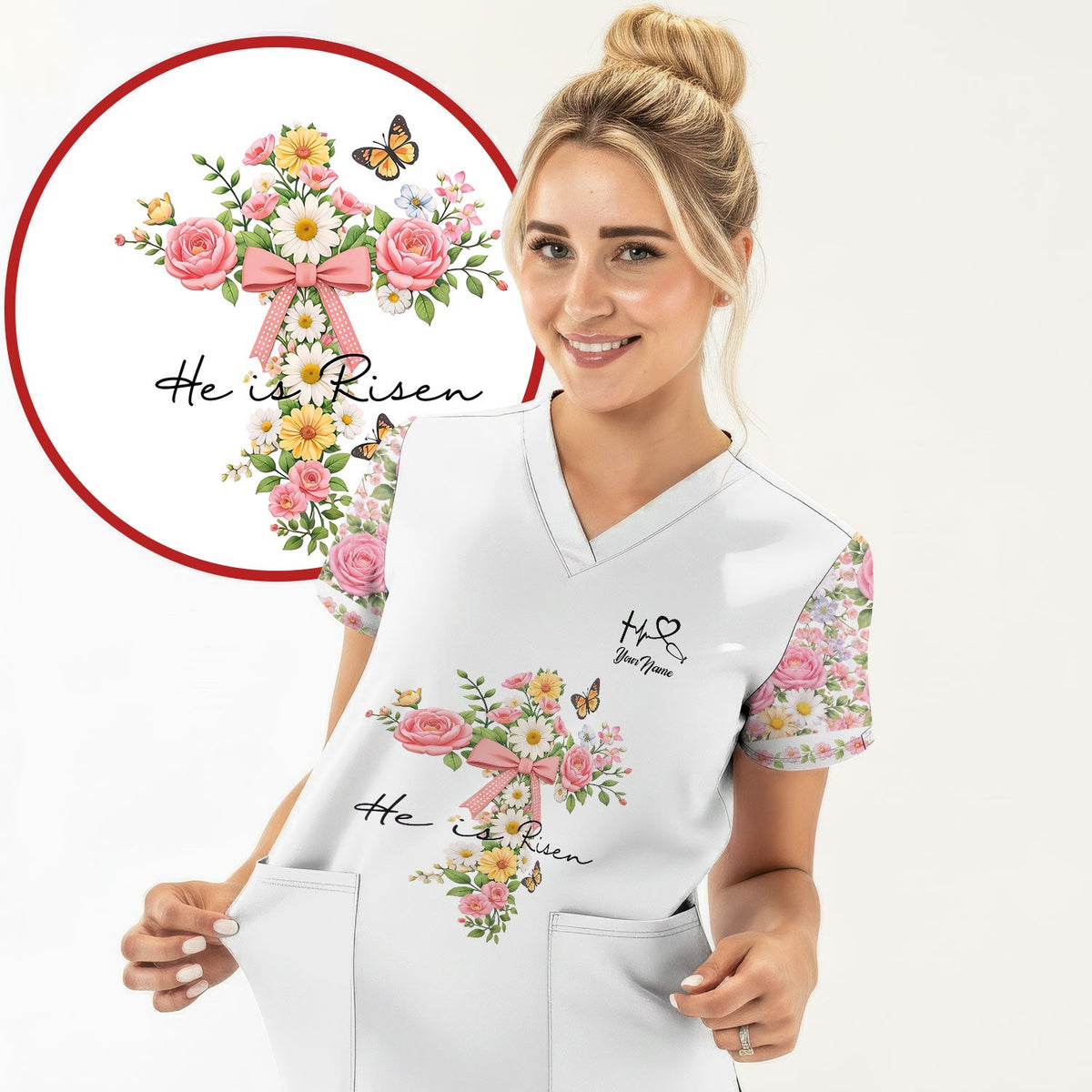 Personalized Easter Nurse He Is Risen Scrub Top