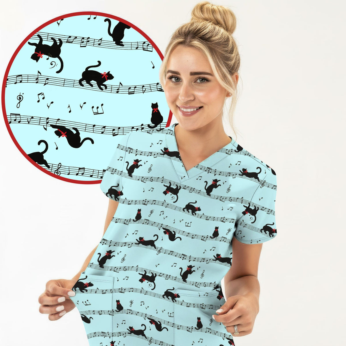 Dancing Black Cat Music Nurse Scrub Top