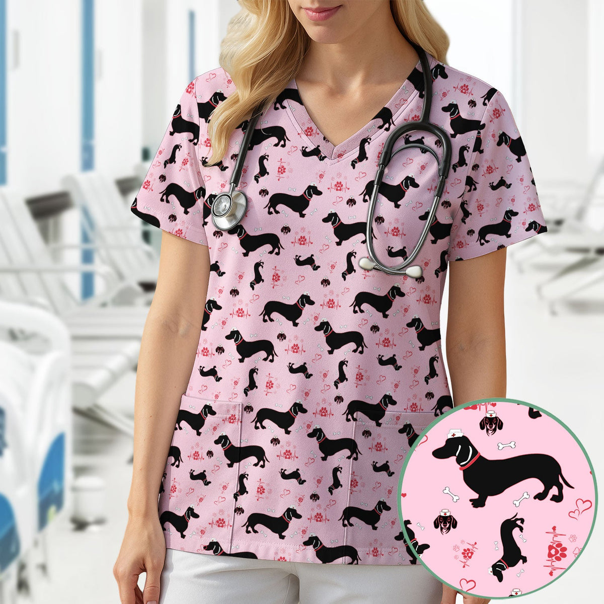 Dachshund Scrub Top - Cute Dog Print Scrubs for Women, Men Multi Color - Animal Scrub Shirt Gift for Nurse, CNA, RN, Doctor