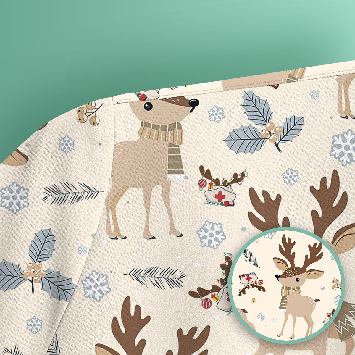 Reindeer Christmas Scrub Top - Cozy Beige Holiday Nurse Shirt with Cute Deer Pattern - Festive Medical Scrubs for Women RN CNA LPN