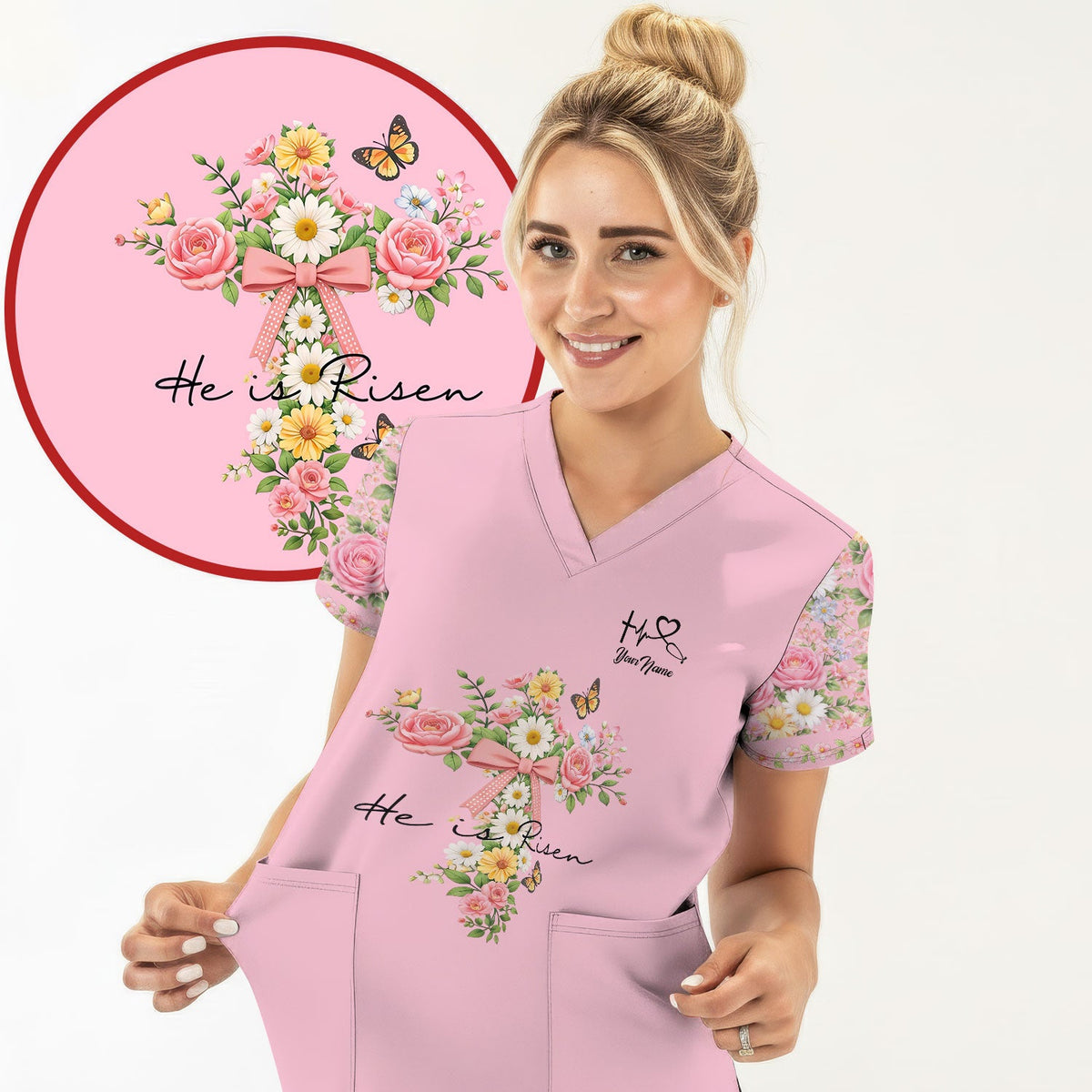 Personalized Easter Nurse He Is Risen Scrub Top