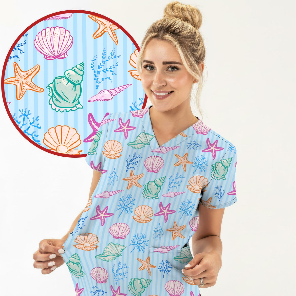 Colorful Seashell Starfish Ocean Stripe Nurse Scrub Top