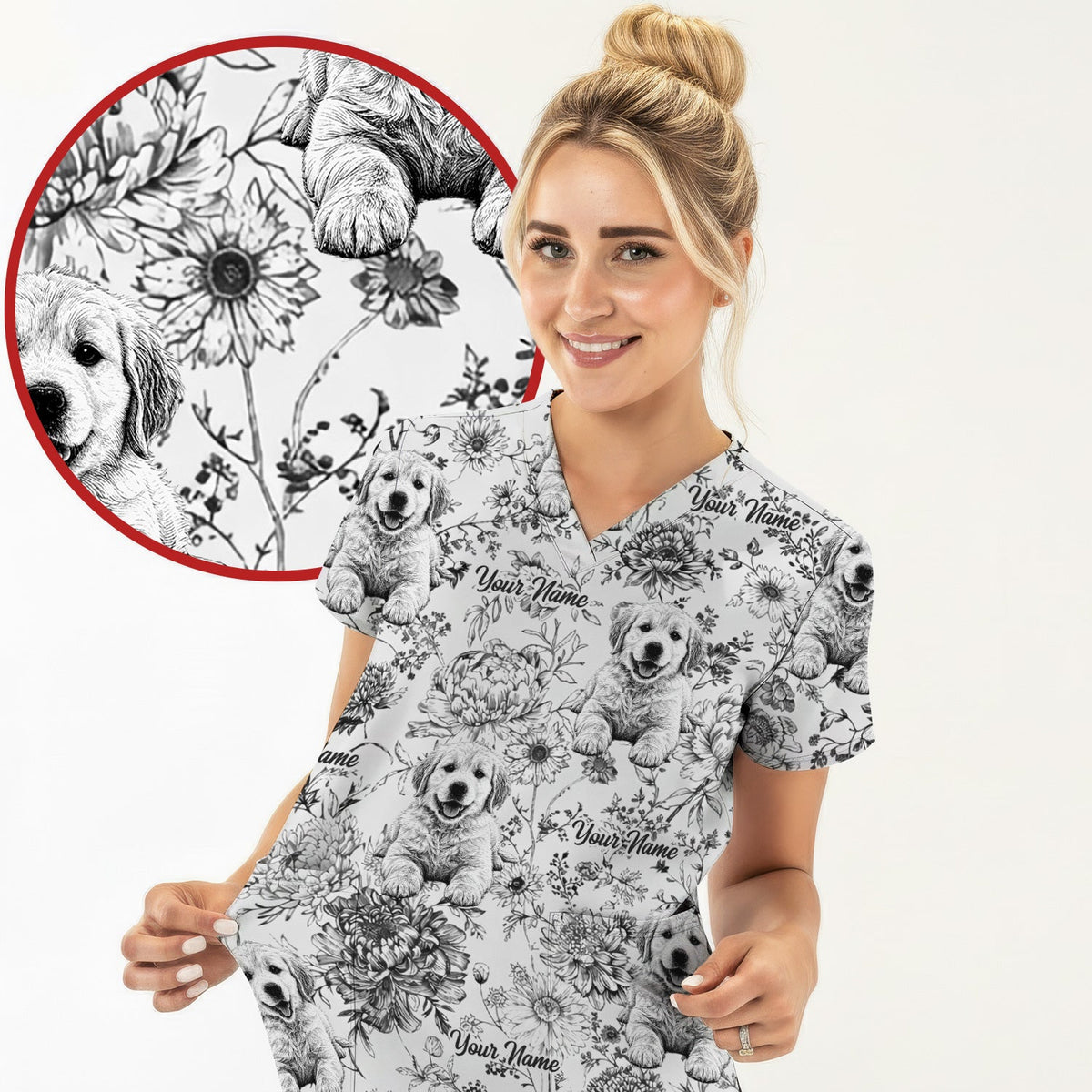 Personalized Pet Photo Floral Nurse Scrub Top