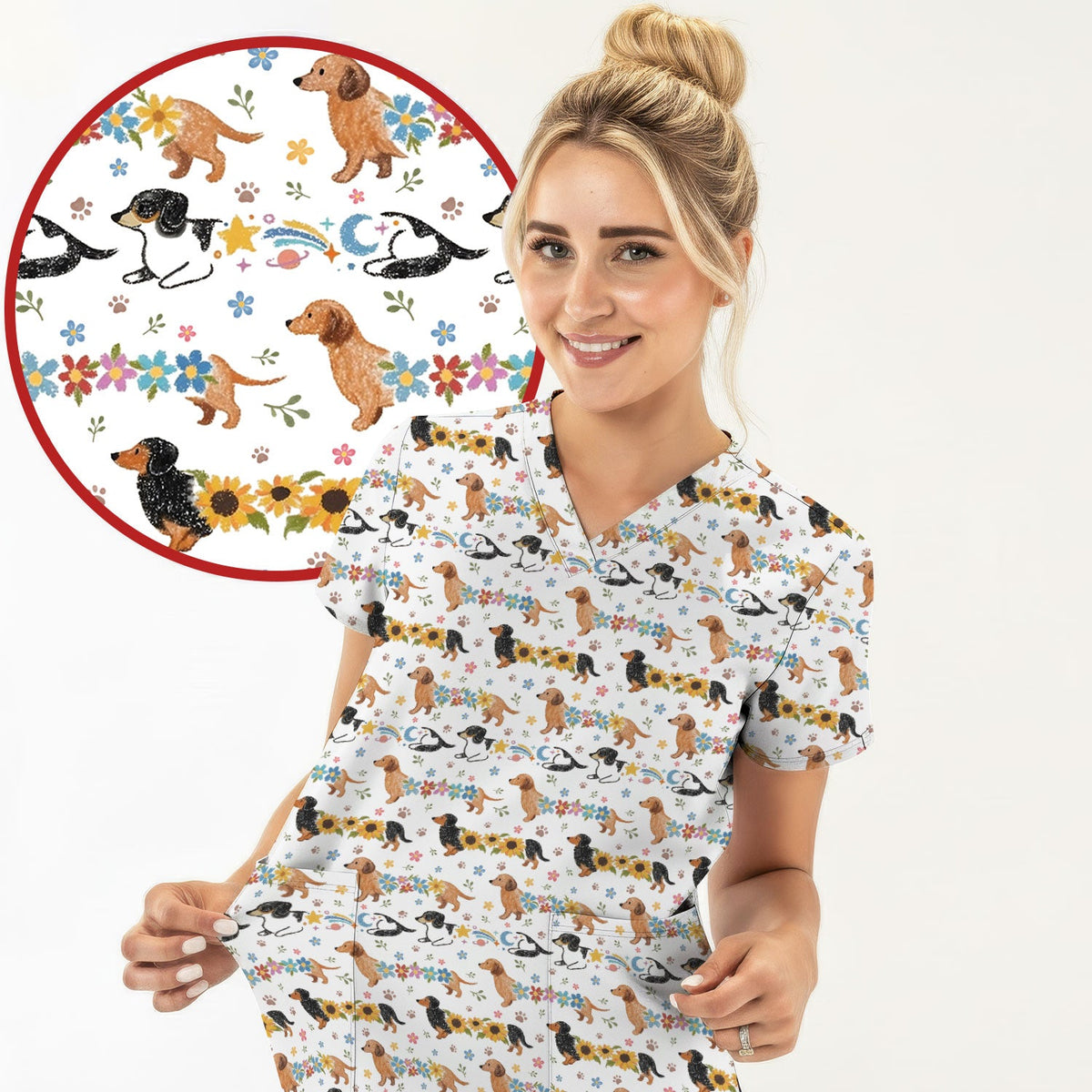 Floral Wiener Dog Nurse Scrub Top