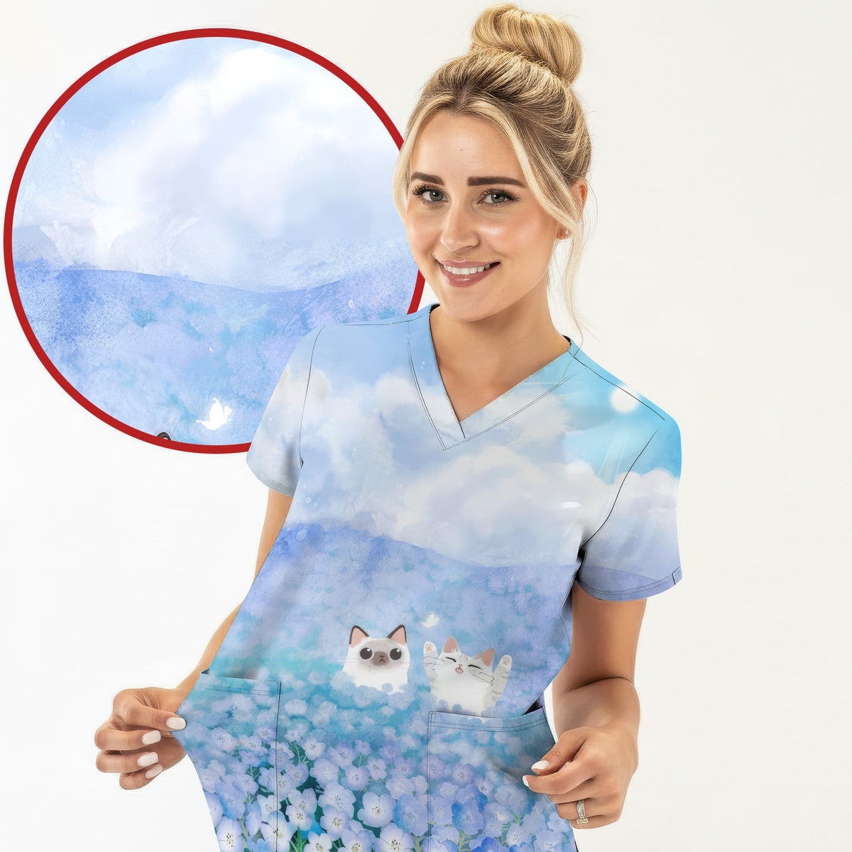 Dreamy Cat Cloud Hydrangea Nurse Scrub Top