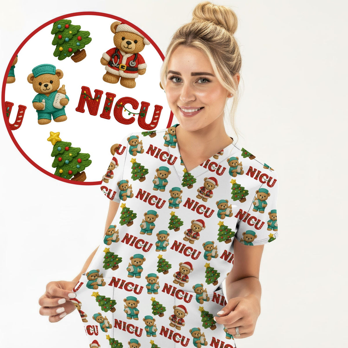 NICU Nurse Teddy Bear Scrub Top - Christmas Gift