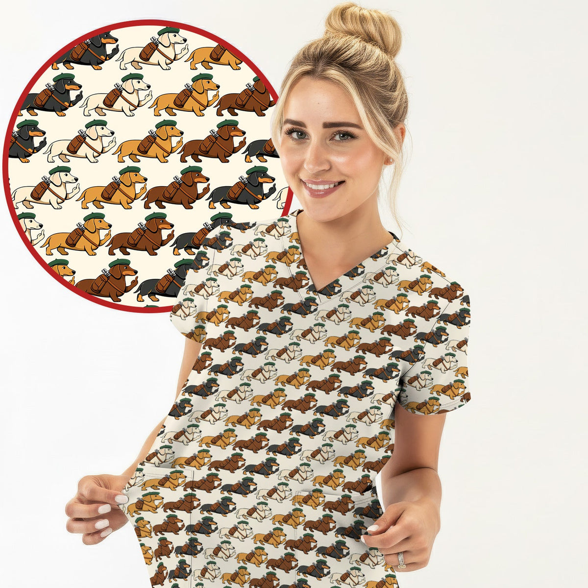 Dachshund Hat And Backpack Nurse Scrub Top