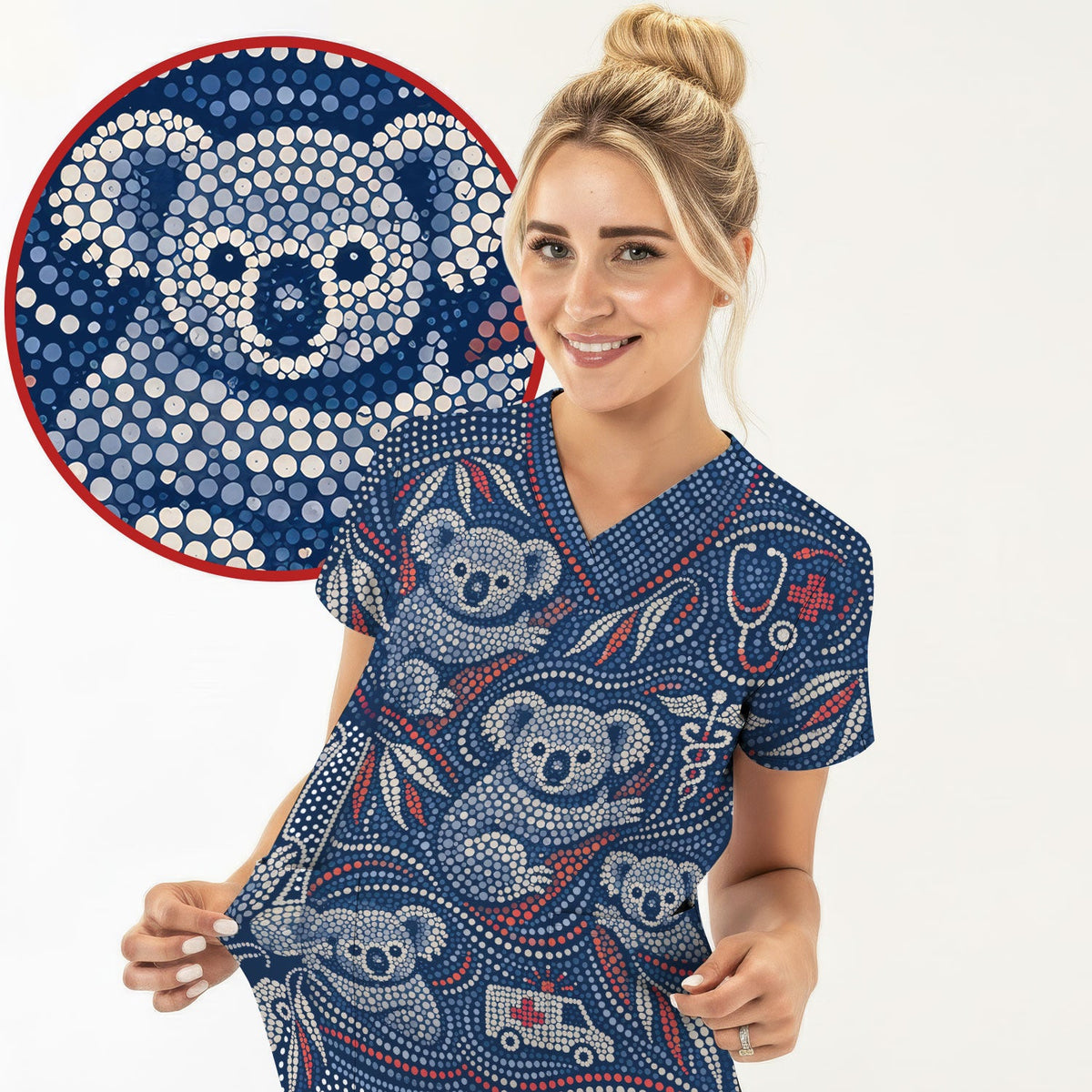 Koala Dot Art Medical Pattern Set, Women's Scrub Sets Breathable