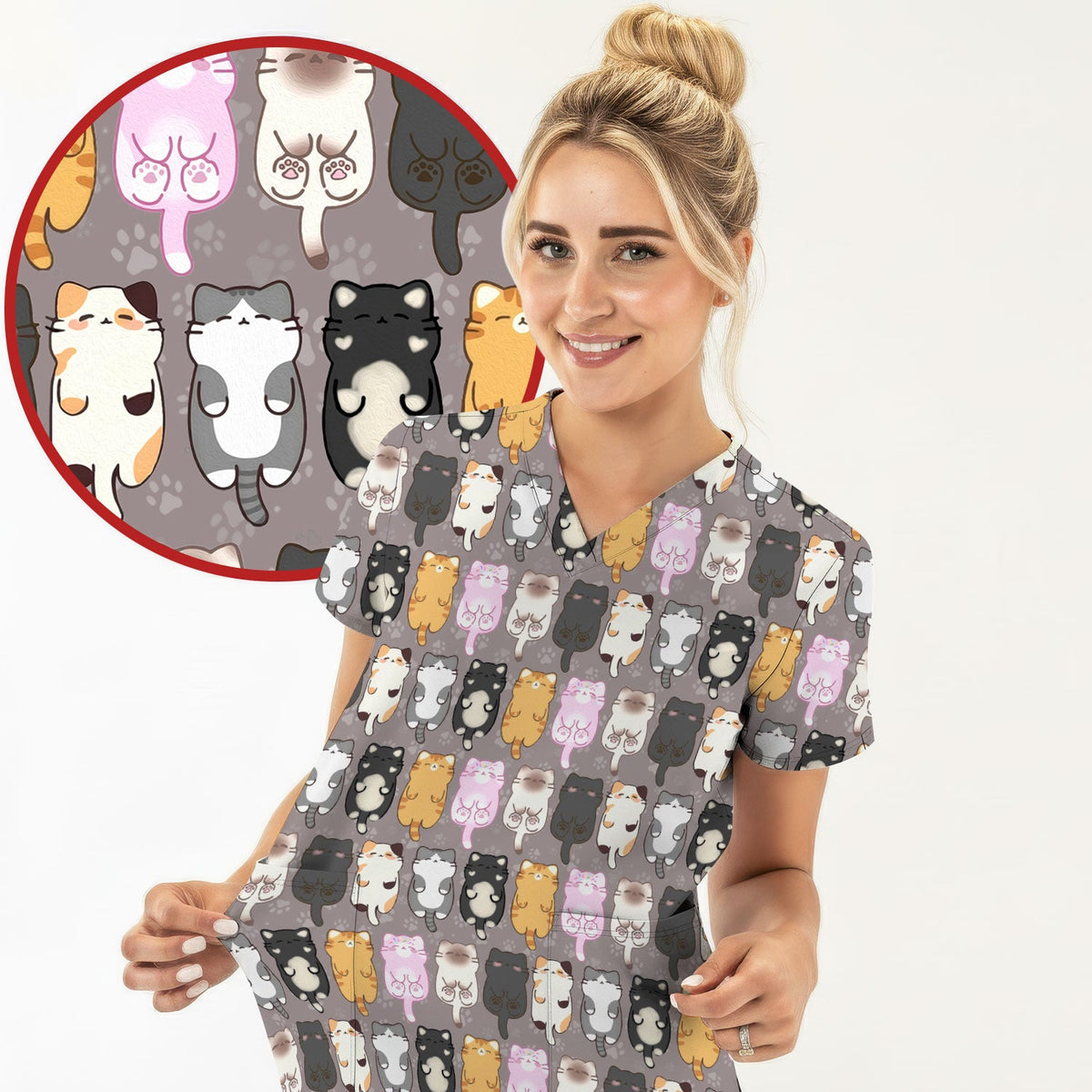 Cartoon Cats All Over Nurse Scrub Top