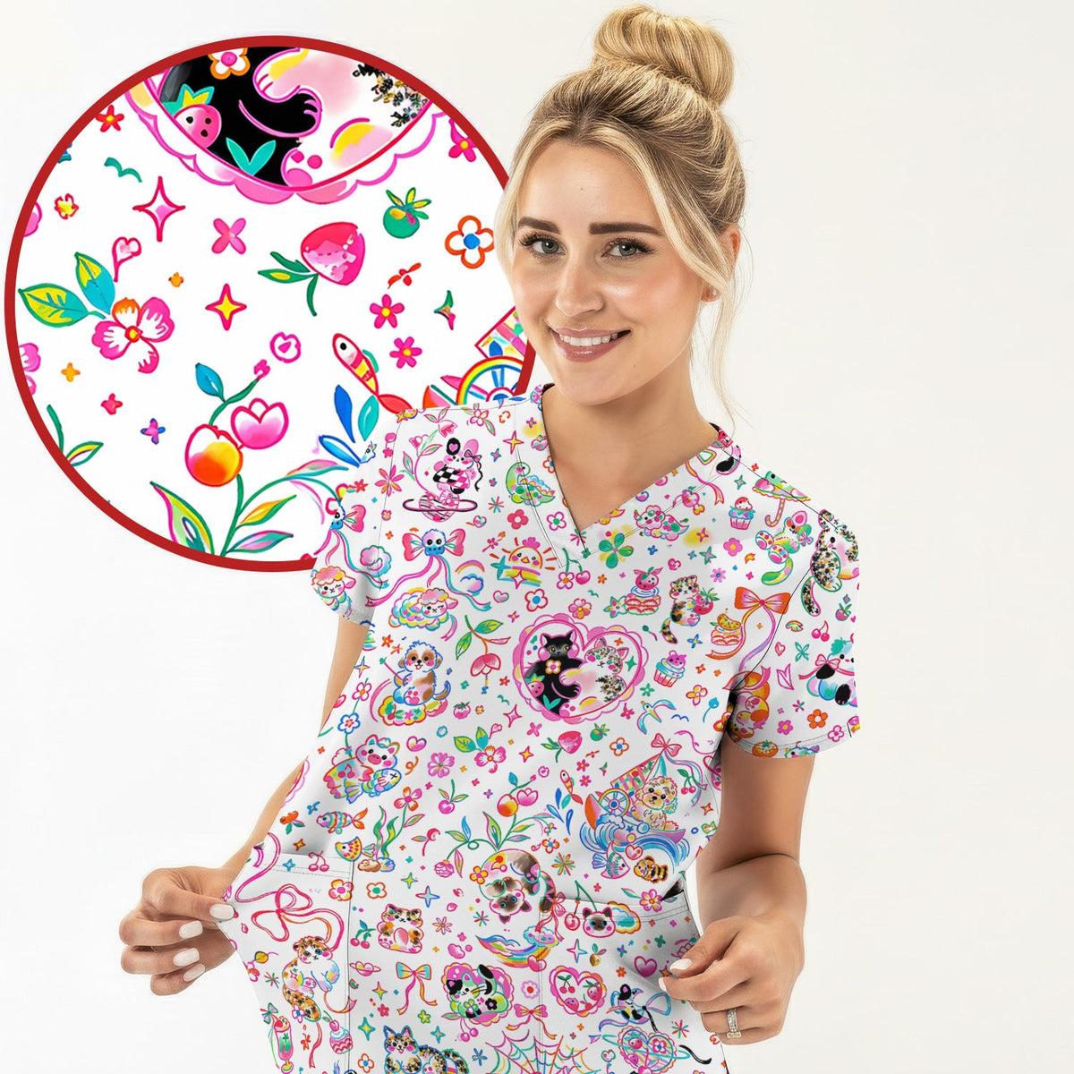 Colorful Kawaii Cat Heart Doodle Pattern Scrub Top, Comfortable Scrubs for Nurses