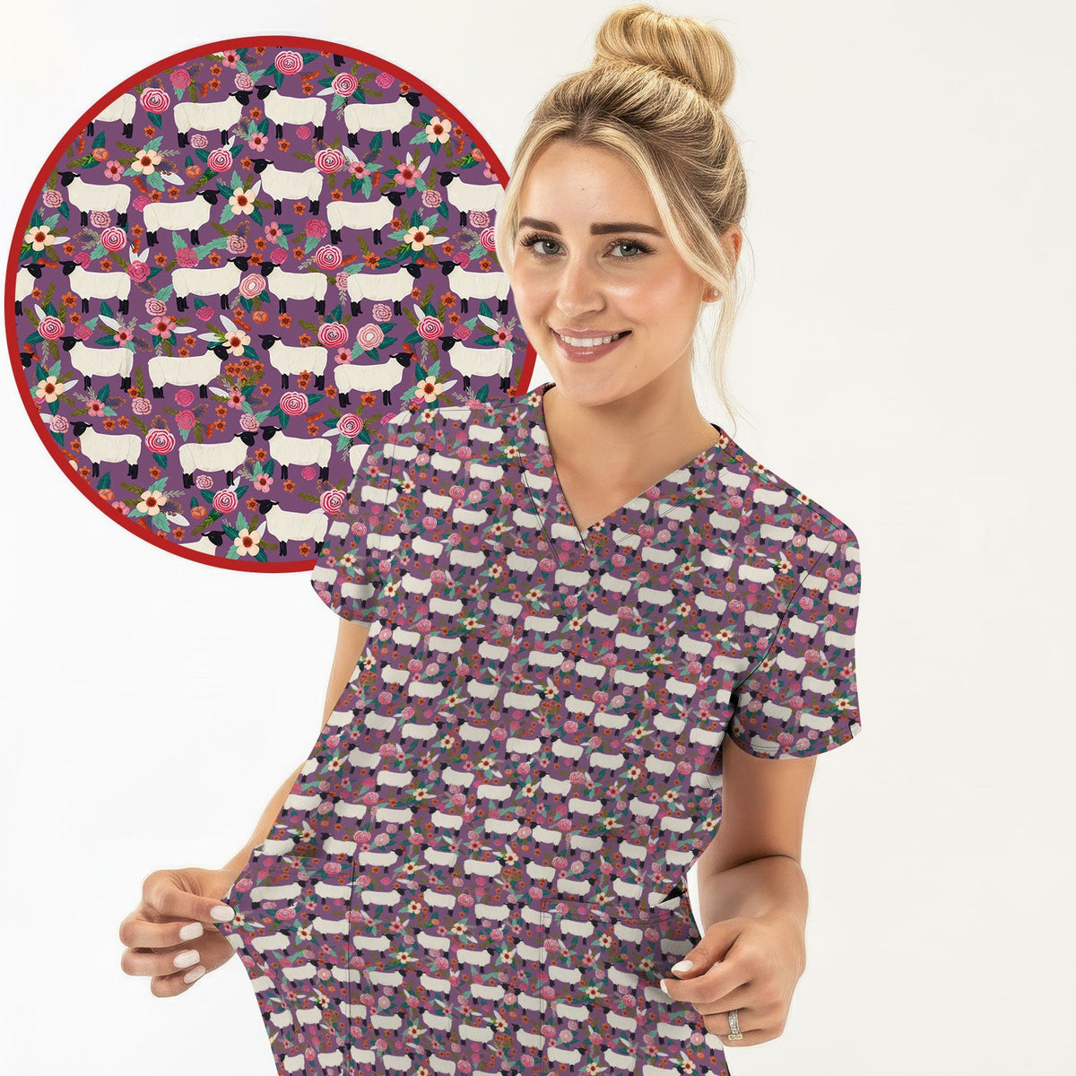 Sheep Floral Meadow Nurse Scrub Top