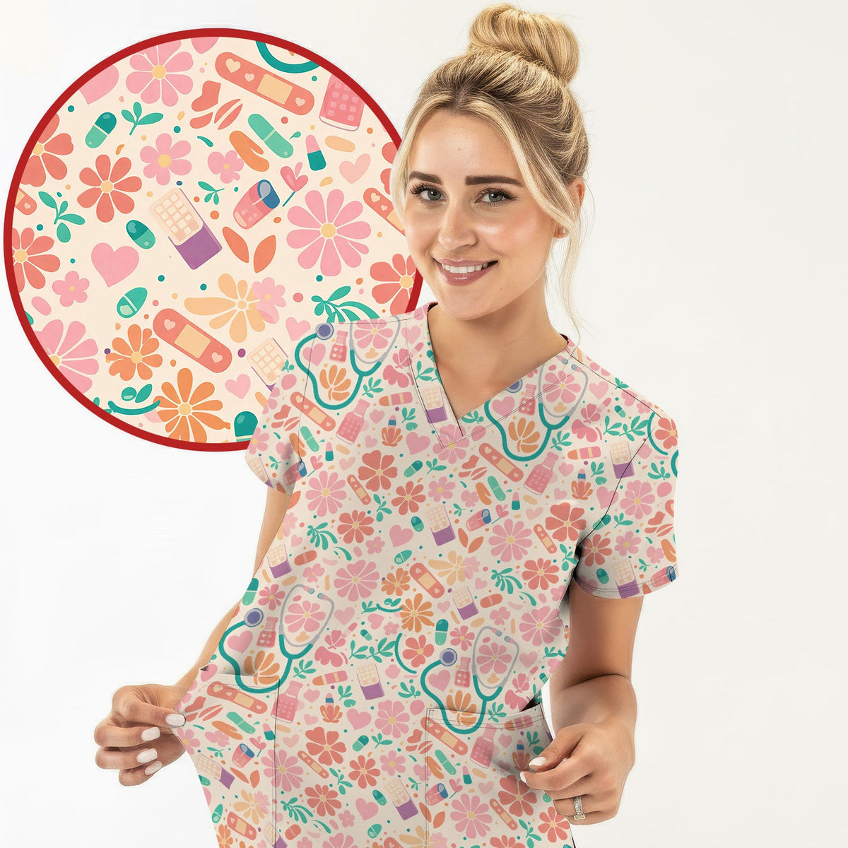 Medical Floral Nurse Scrub Top