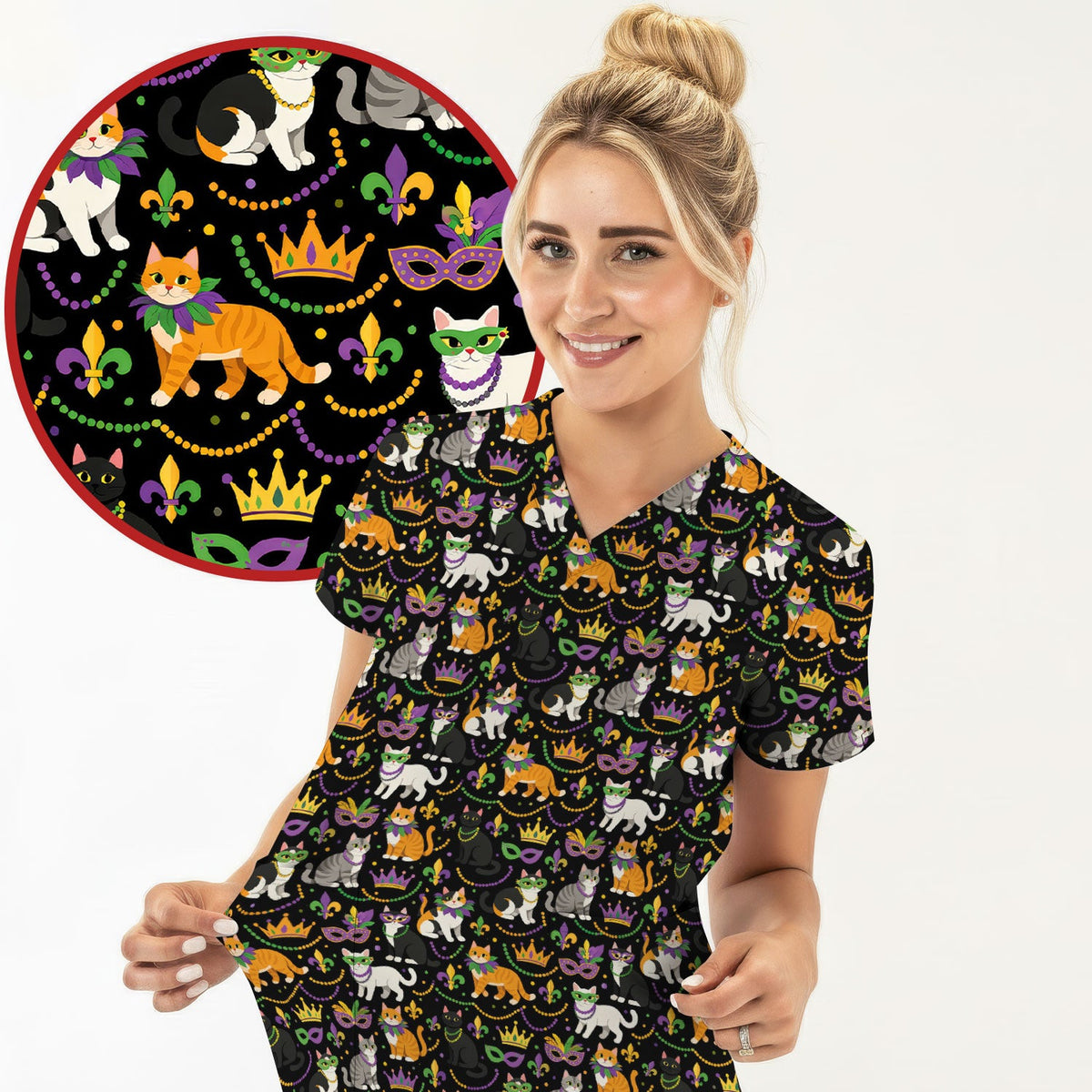Cat Mardi Gras Nurse Scrub Top