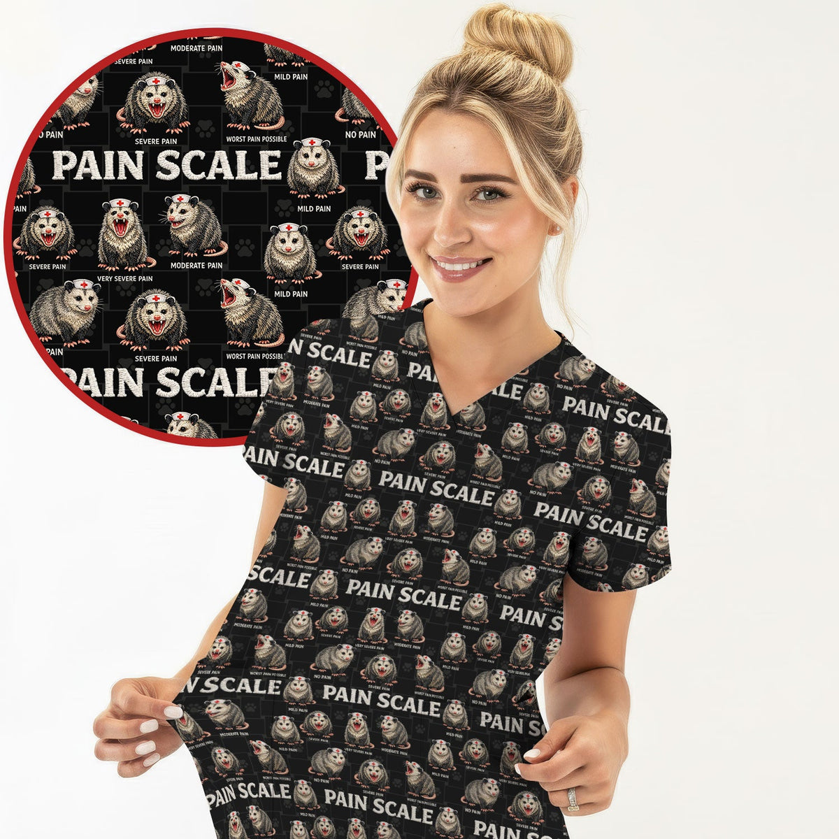 Edgy Possum Pain Scale Nurse Pattern Scrub Top, Comfortable Scrubs For Nurses