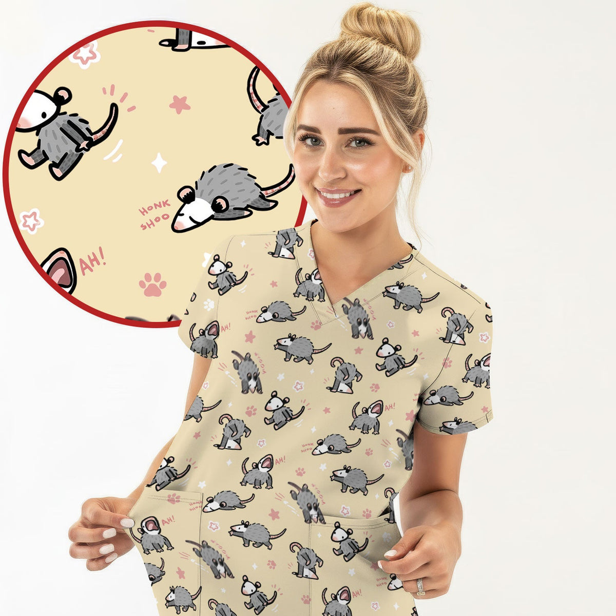 Cartoon Opossum Nurse Scrub Top