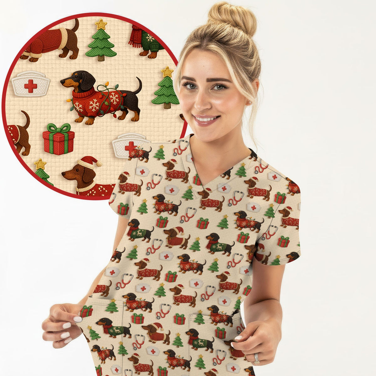 Christmas Nurse Scrubs for Women - Cute Dachshund Dog Print with Holiday Gifts & Trees - Custom Multi Color Nursing Shirt Gift