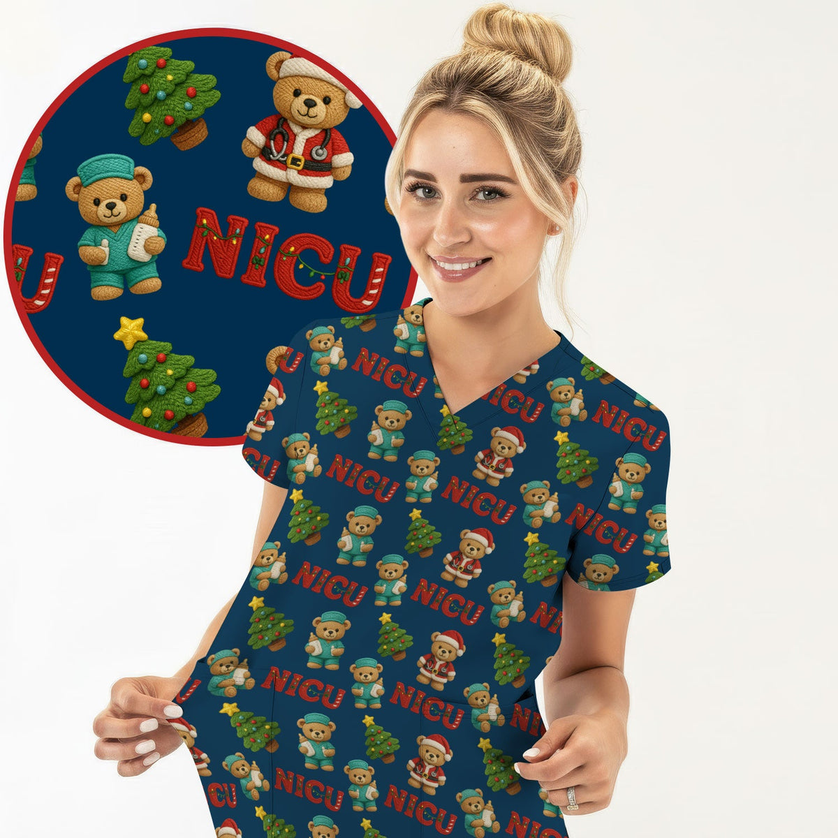 NICU Nurse Teddy Bear Scrub Top - Christmas Gift
