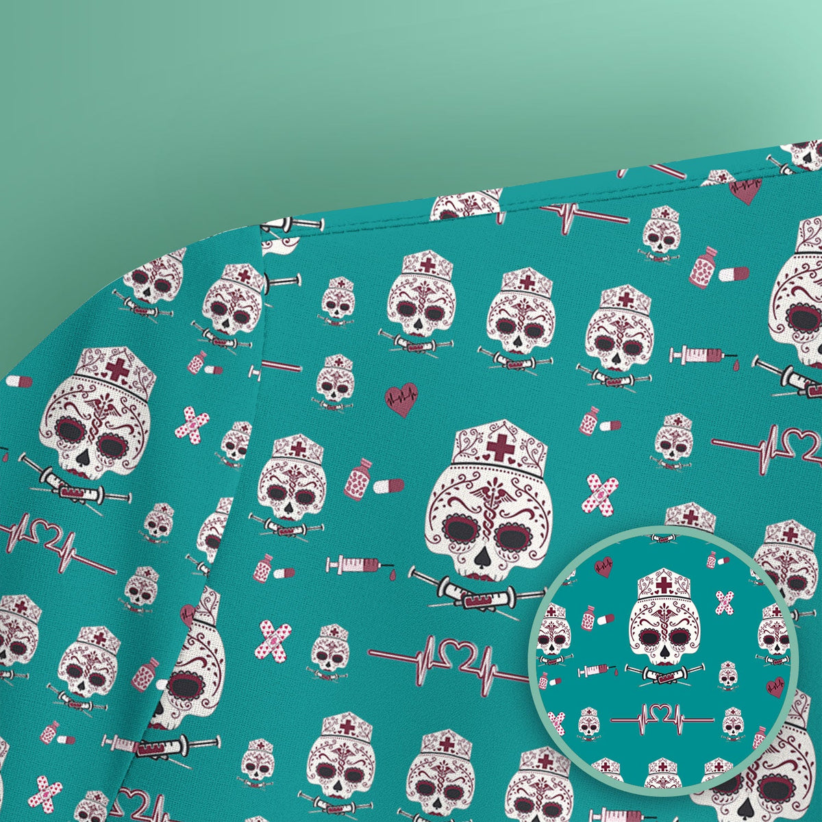 Sugar Skull Scrub Top, Skull Pattern Scrub Shirt, Breathable Fabrics Nursing Uniform
