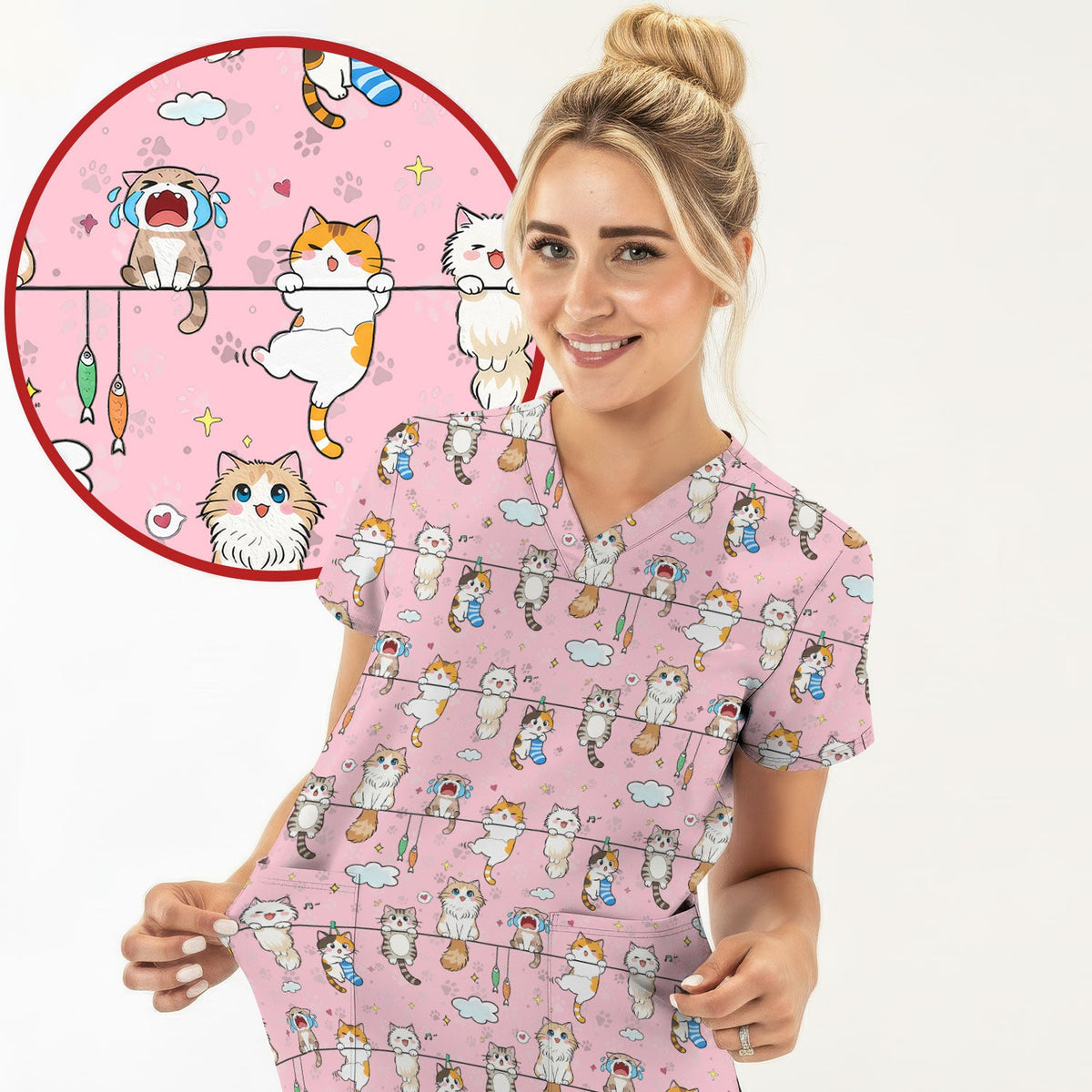 Cats With Cute Expressions Nurse Scrub Top