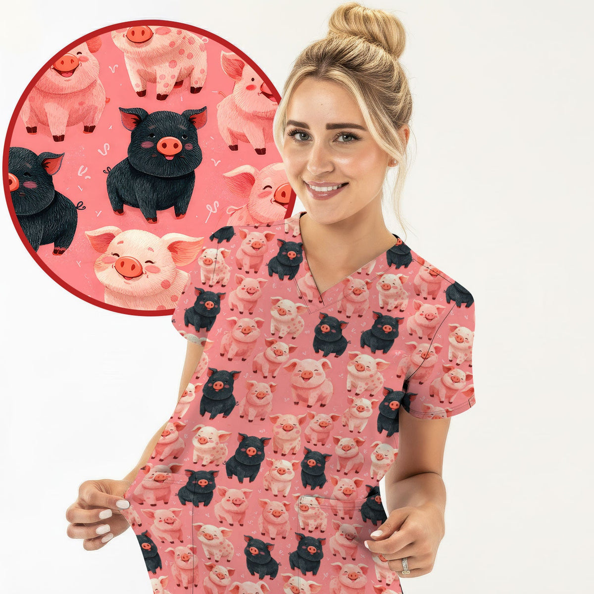 Cartoon Pig Nurse Scrub Top