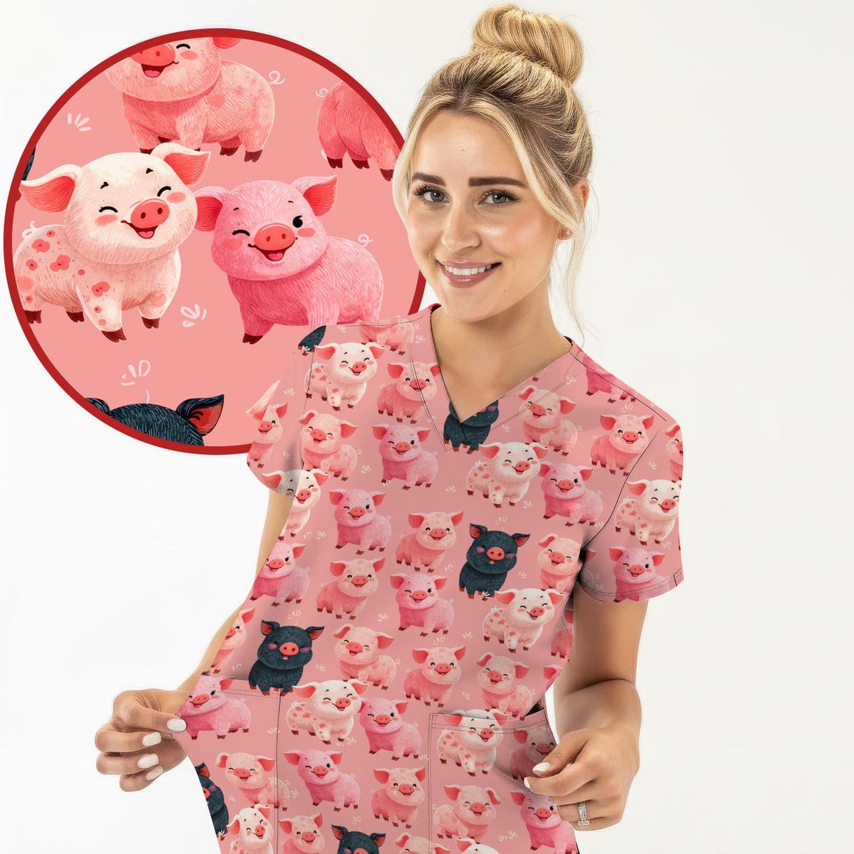 Funny Farm Pig Cartoon Pattern Scrub Top, Comfortable Scrubs for Nurses