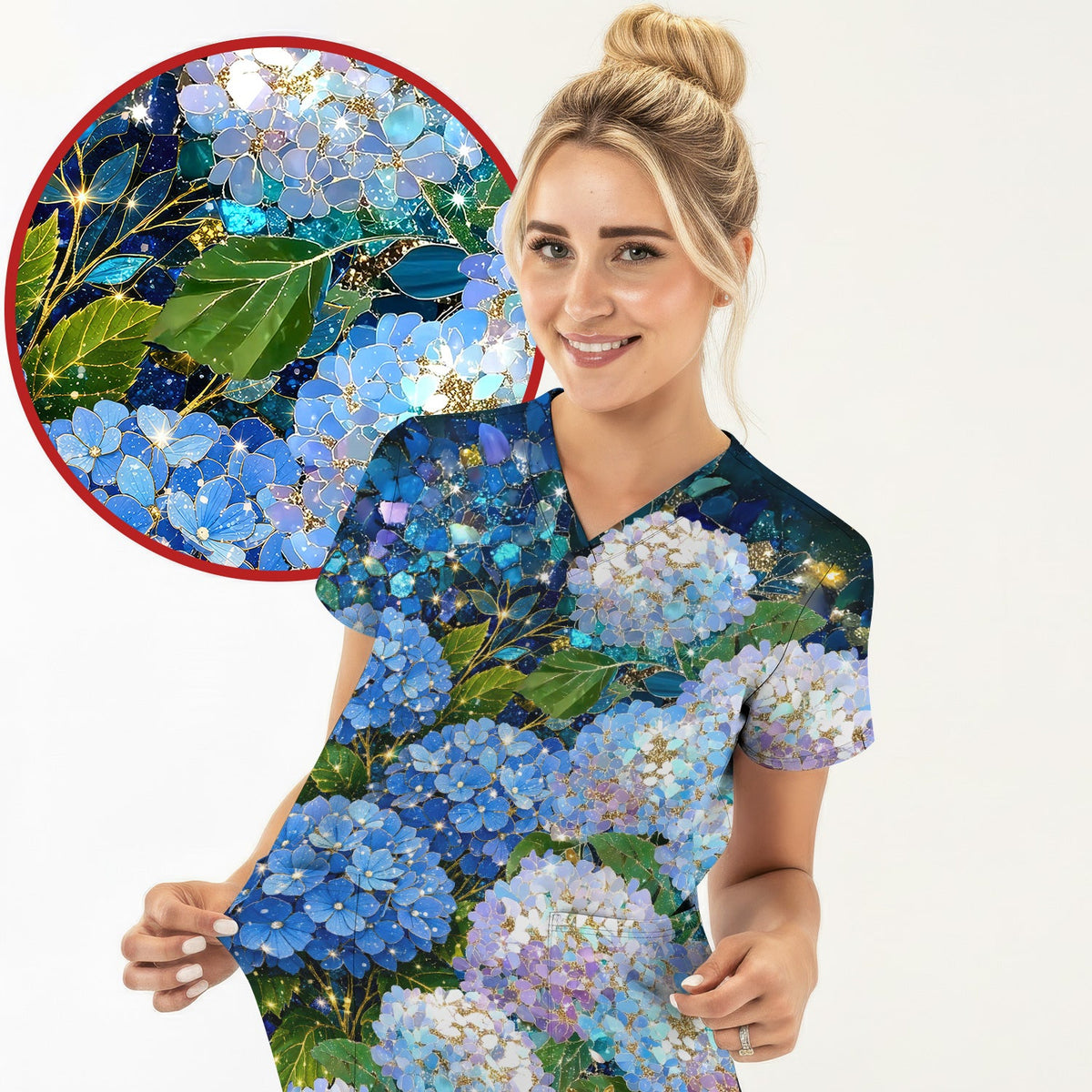 Blue Hydrangea Floral Nurse Scrub Top
