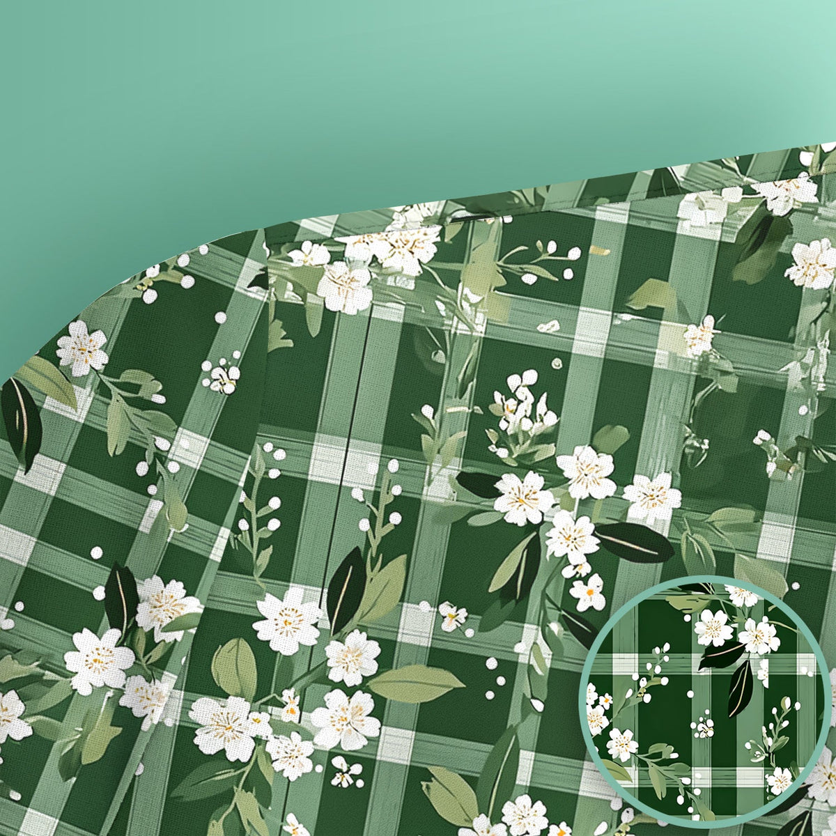 Green Gingham Floral Nurse Scrub Top