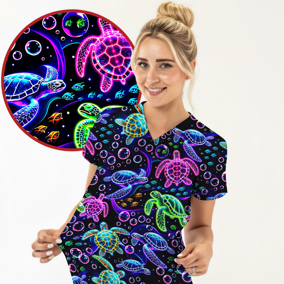 Neon Sea Turtle Swimming Bubble Ocean Scrub Top, Breathable Fabrics Nursing Uniform