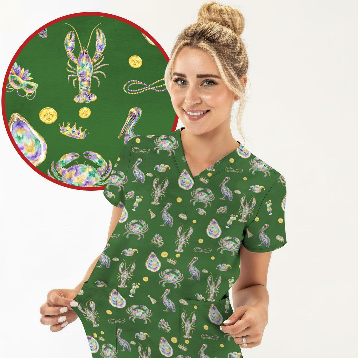 Mardi Gras Seafood Nurse Scrub Top