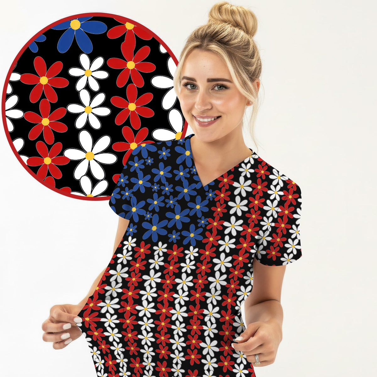 Retro Red Blue Daisy Nurse Scrub Top