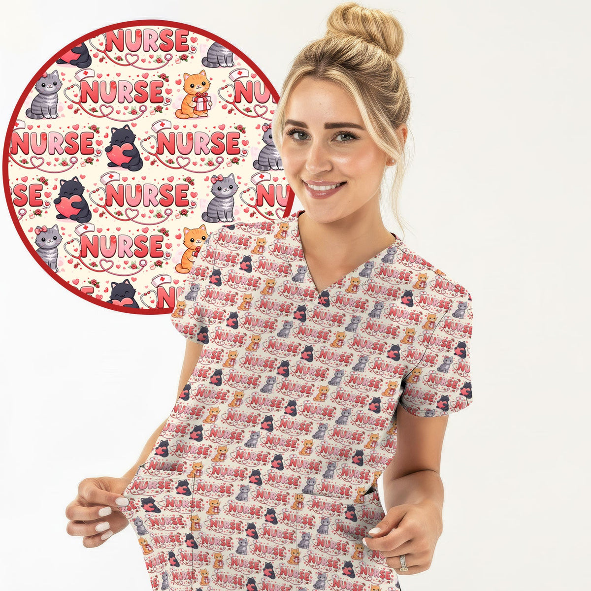 Cat Heart Nurse Scrub Top - Valentines Day Gift