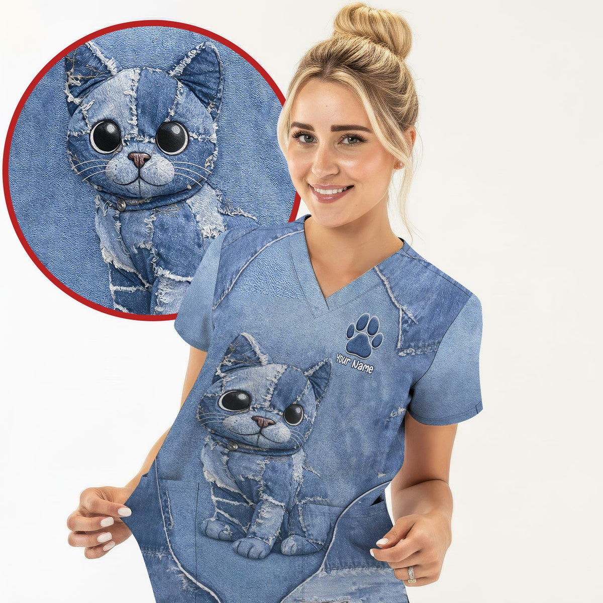 Personalized Patchwork Denim Cat Nurse Scrub Top