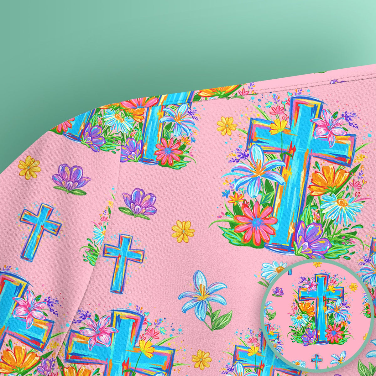 Christian Floral Cross Spring Pattern Scrub Top, Comfortable Scrubs for Nurses