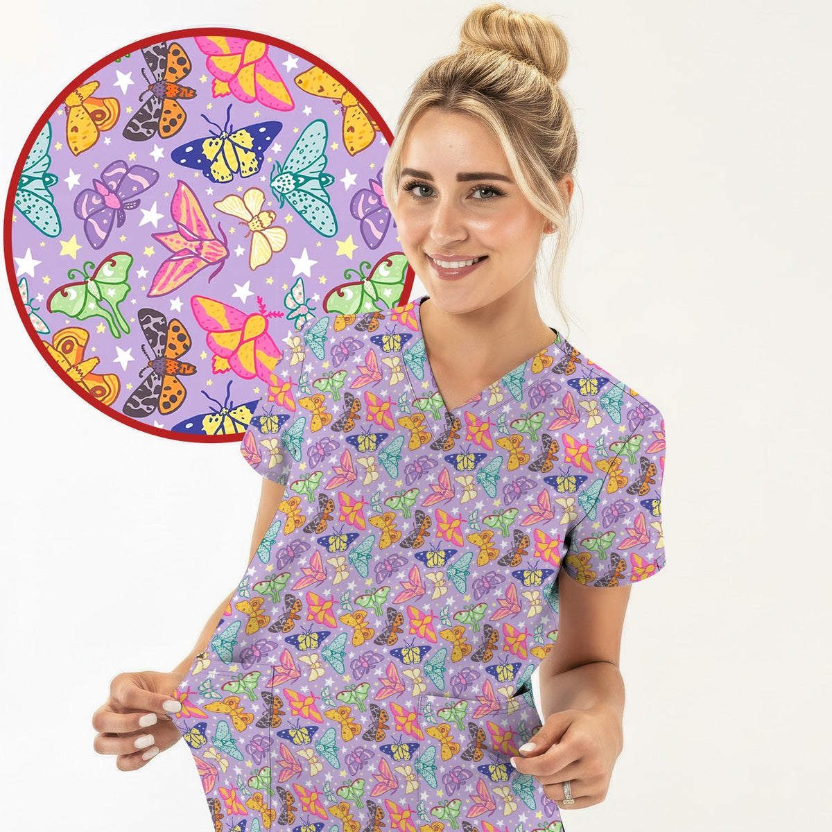 Colorful Butterfly Moth Garden Nurse Scrub Top