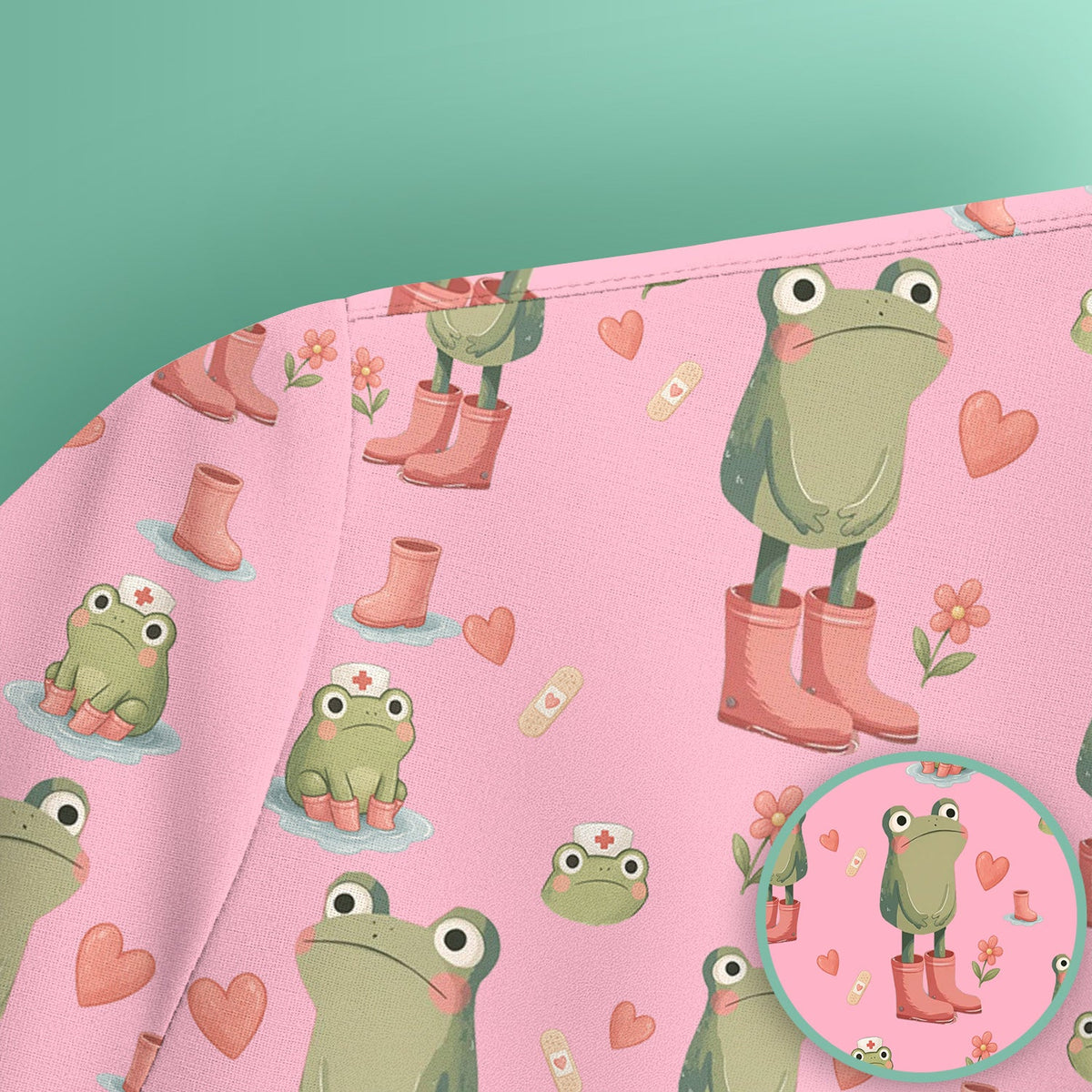 Adorable Frog Boots Heart Pattern Scrub Top, Comfortable Scrubs for Nurses